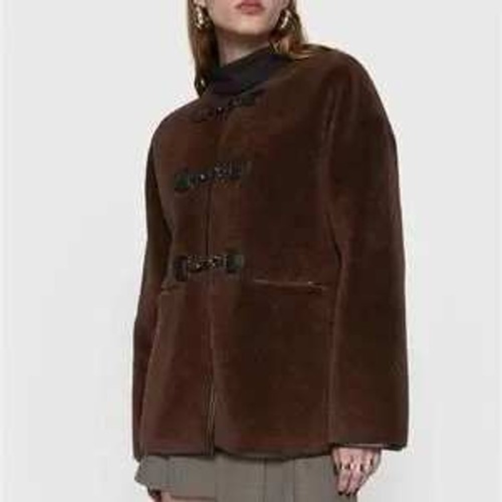 Rebecca Minkoff Sherpa Teddy Toggle Jacket Chocolate Brown Faux‎ Leather Size L